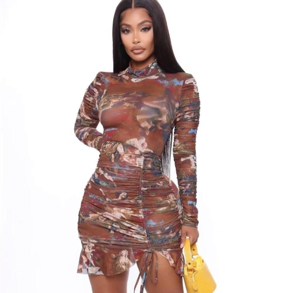 FASHIONNOVA WOMENS SIZE 3X Angelic Moments Ruched Sexy Mesh Mini Dress - Brown